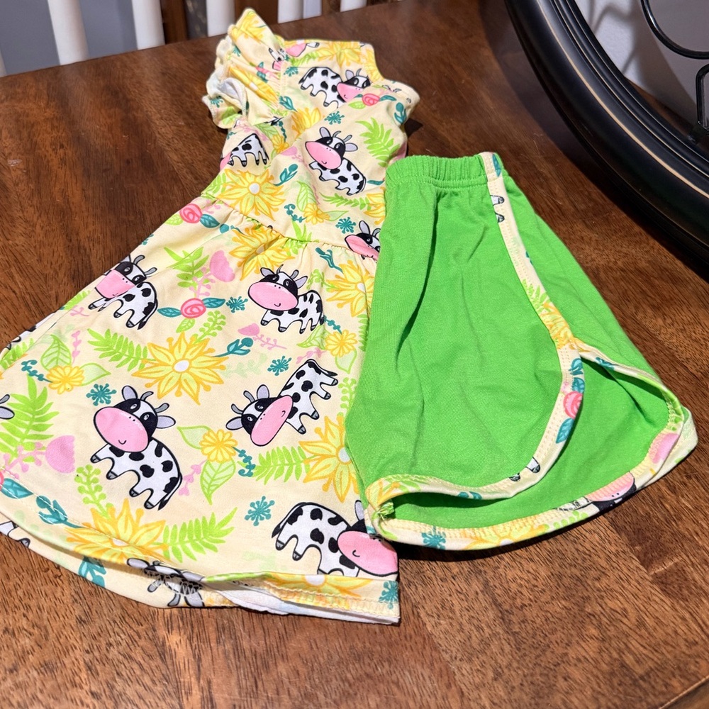 Boutique Yellow Cow Print Toddler top with Green Bloom Shorts